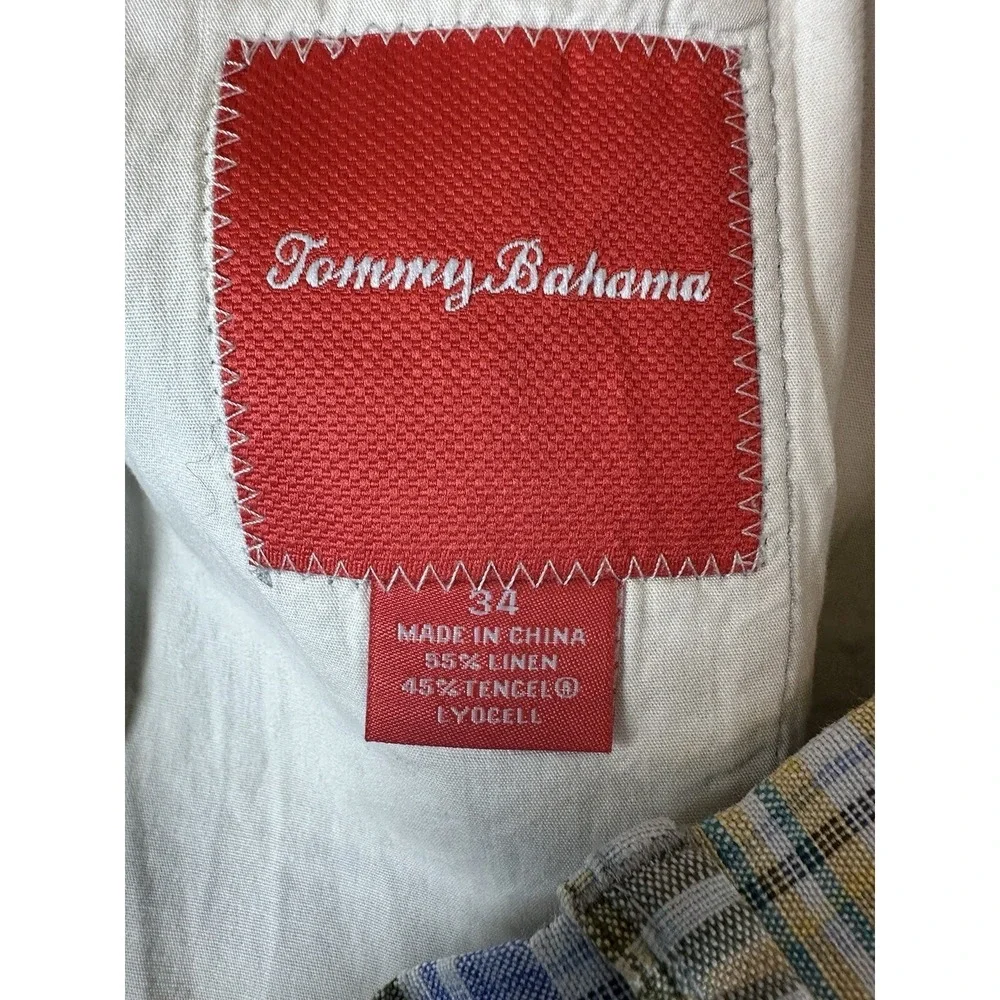 Tommy Bahama Plaid Green Blue Orange Linen Blend Flat Front Shorts Mens Size 34